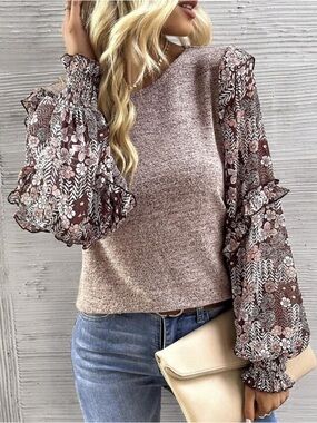 Floral Puff-Sleeve Knit Top - Brown